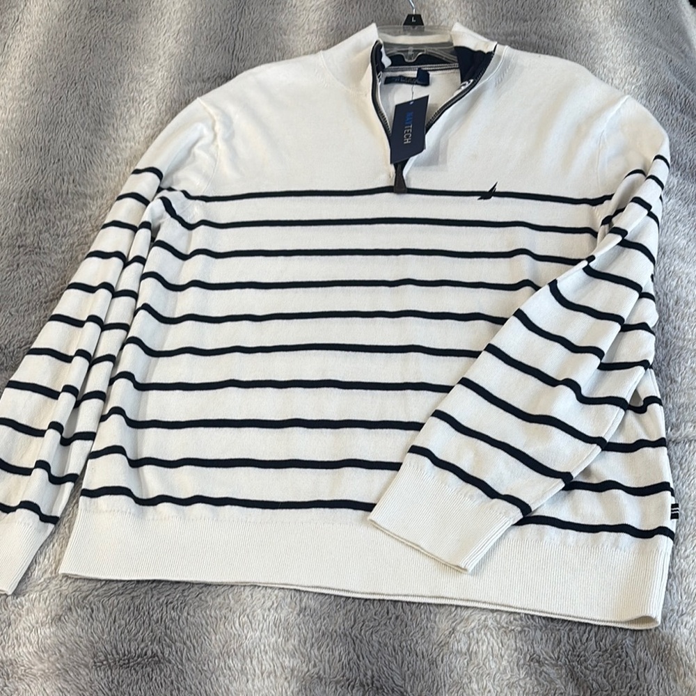 Nautica Men's Zip-Up Sweater in White with Blue Stripes